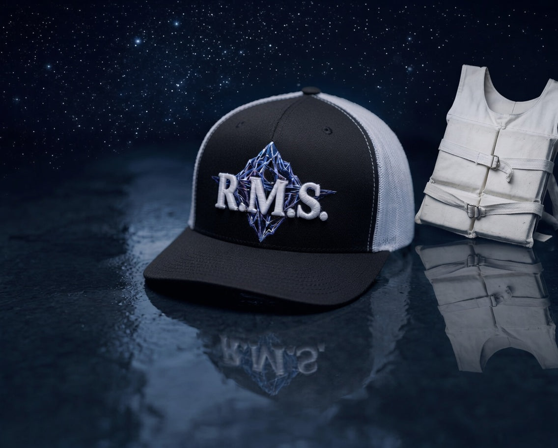 A black and white trucker hat with 'R.M.
